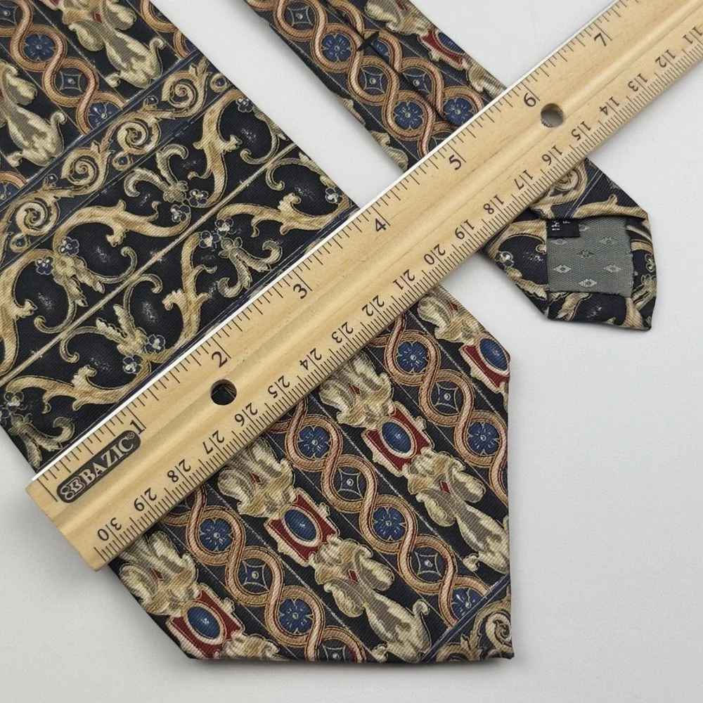 Monsieur Givenchy Silk Tie Navy‎ Gold Baroque Scrollwork Vintage Made in USA
